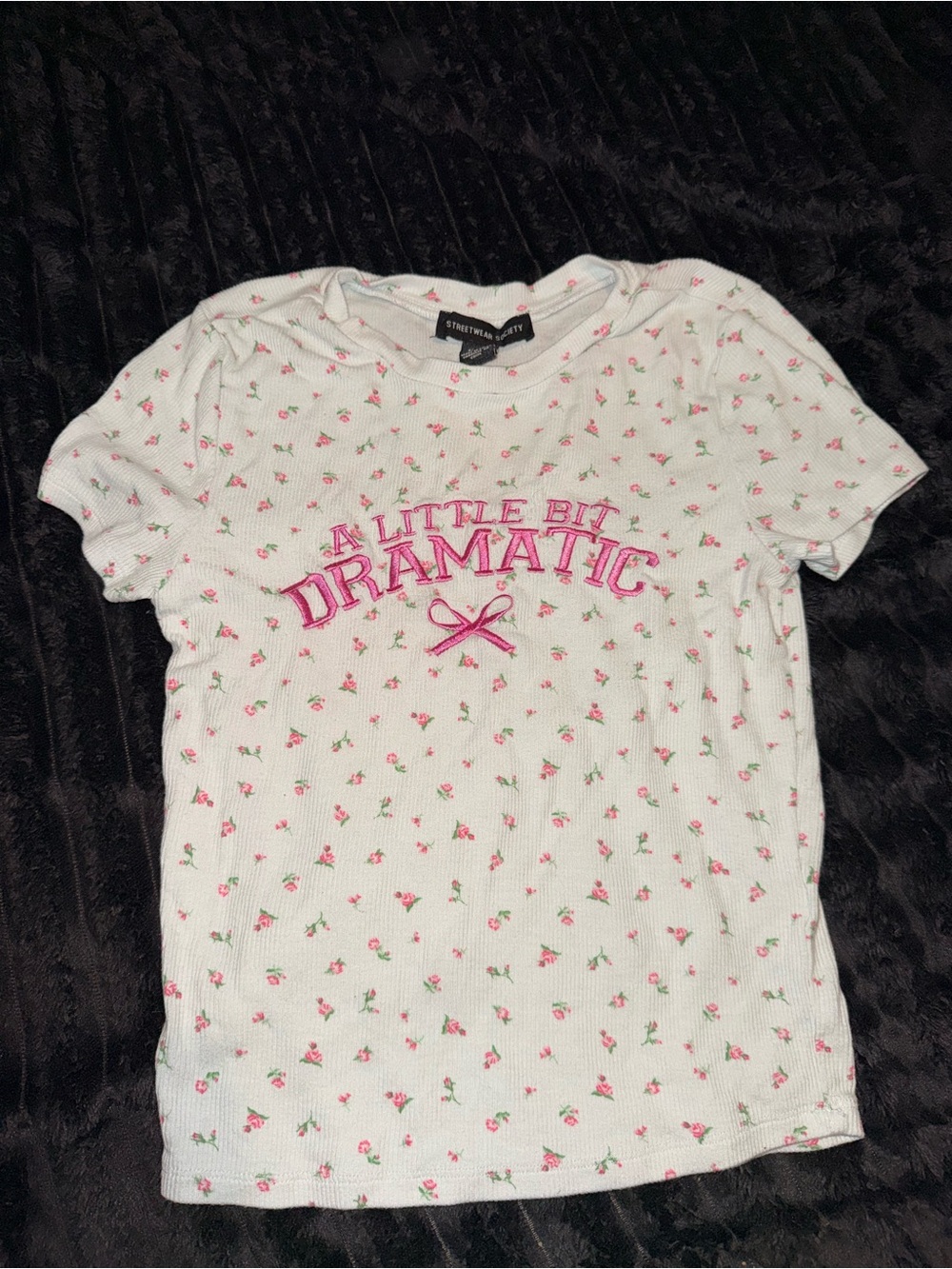 Streetwear Society White Tee with Pink Floral Print & Pink Embroidery